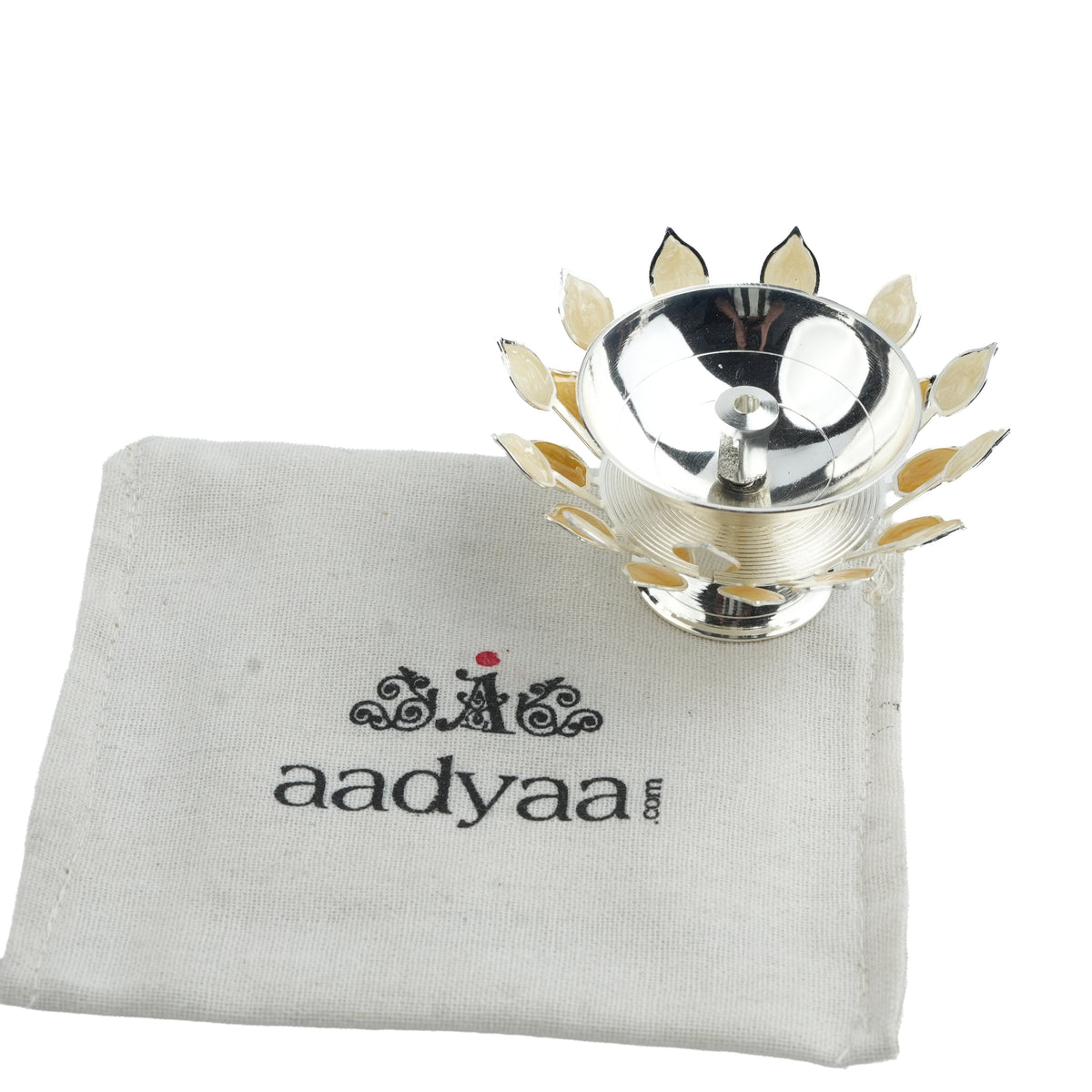 Silver Plated Diya with Yellow & Beige Enamel