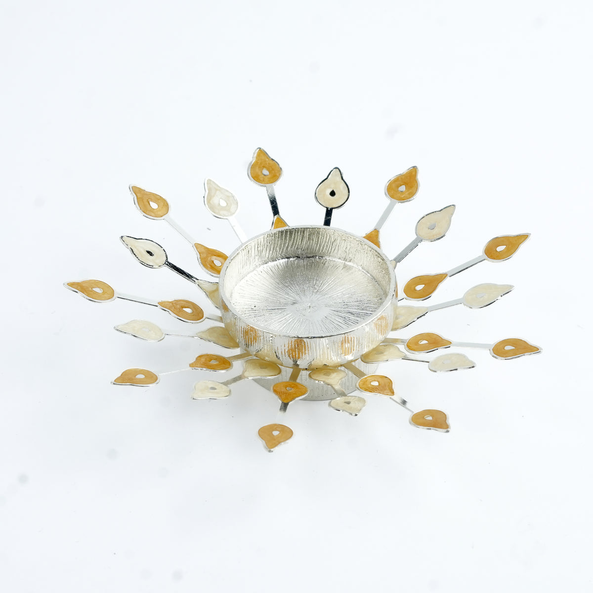 Silver Plated Candle Diya with Yellow & Beige Enamel