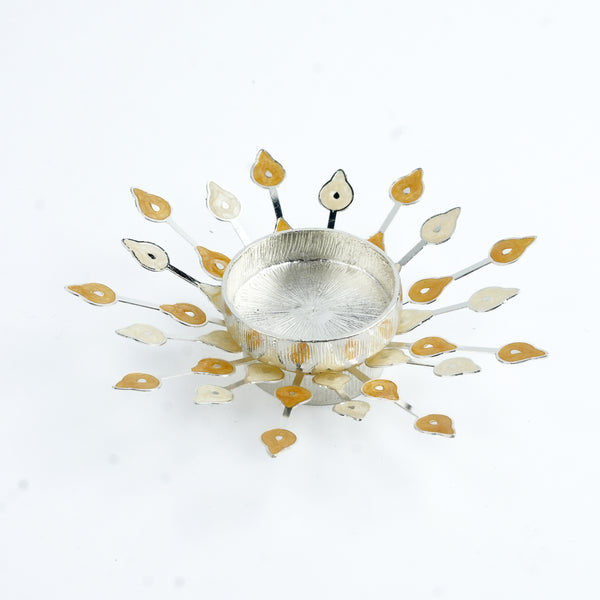 Silver Plated Candle Diya with Yellow & Beige Enamel
