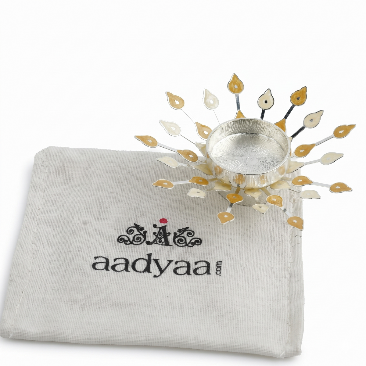 Silver Plated Candle Diya with Yellow & Beige Enamel