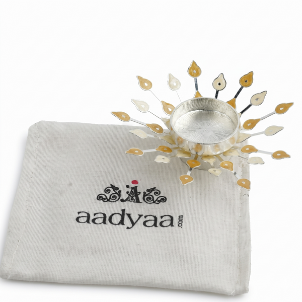 Silver Plated Candle Diya with Yellow & Beige Enamel