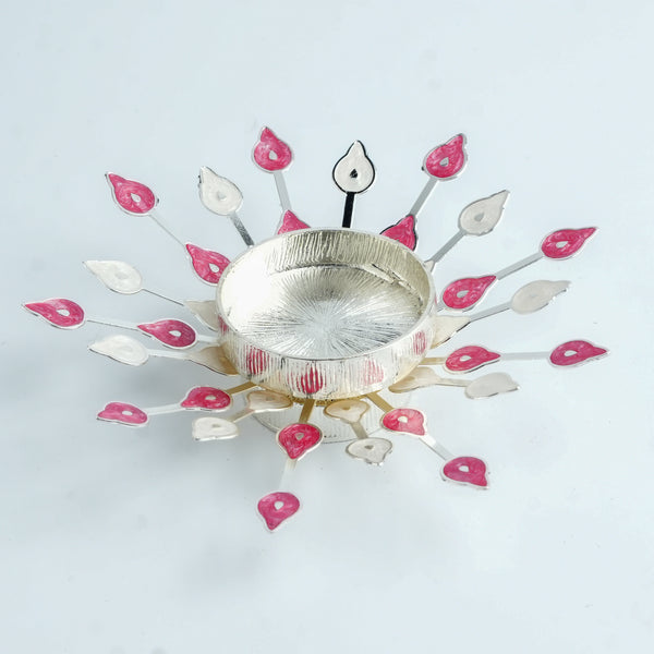Silver Plated Candle Diya with Pink & Beige Enamel
