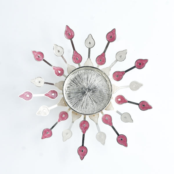 Silver Plated Candle Diya with Pink & Beige Enamel