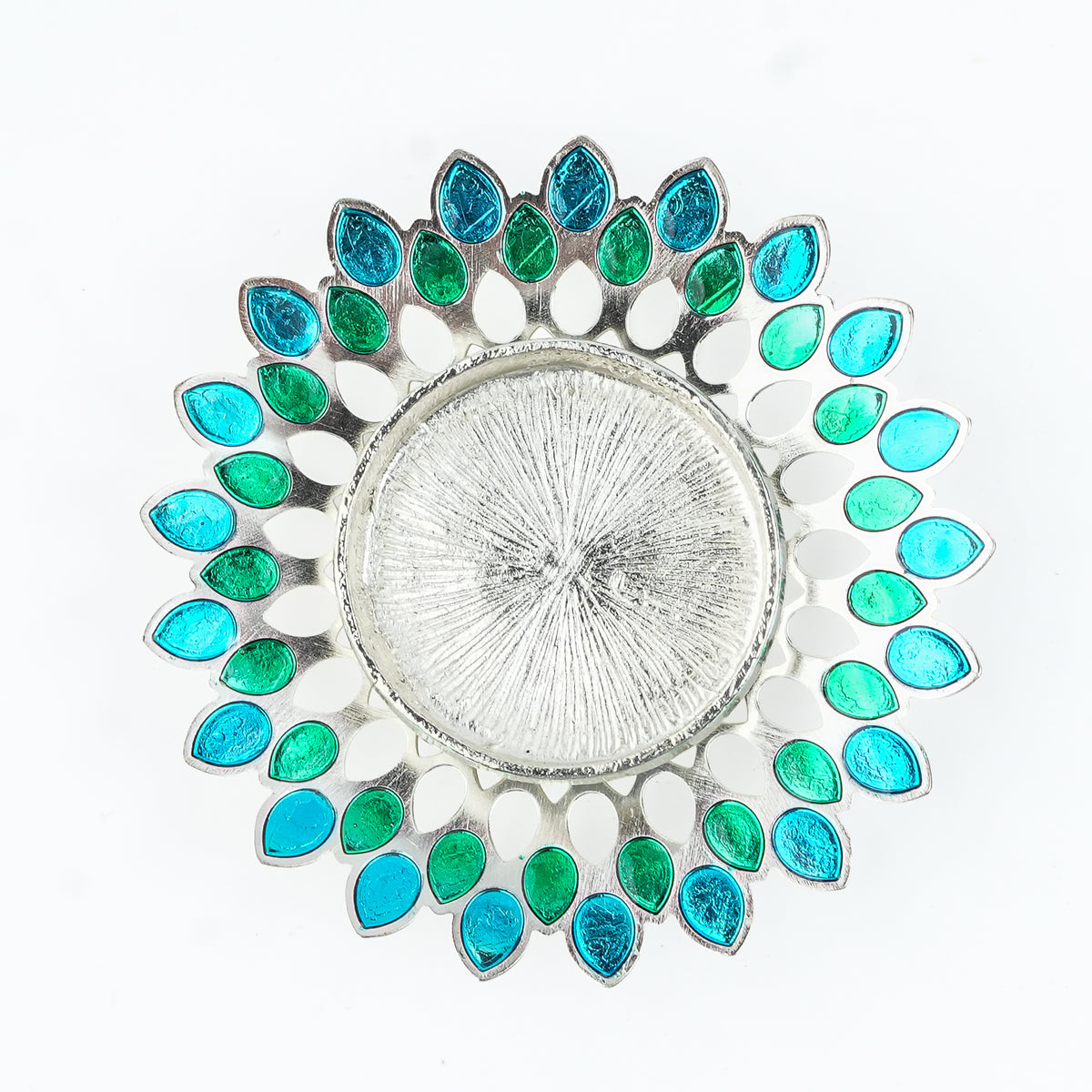 Silver Plated Candle Diya with Blue & Green Enamel