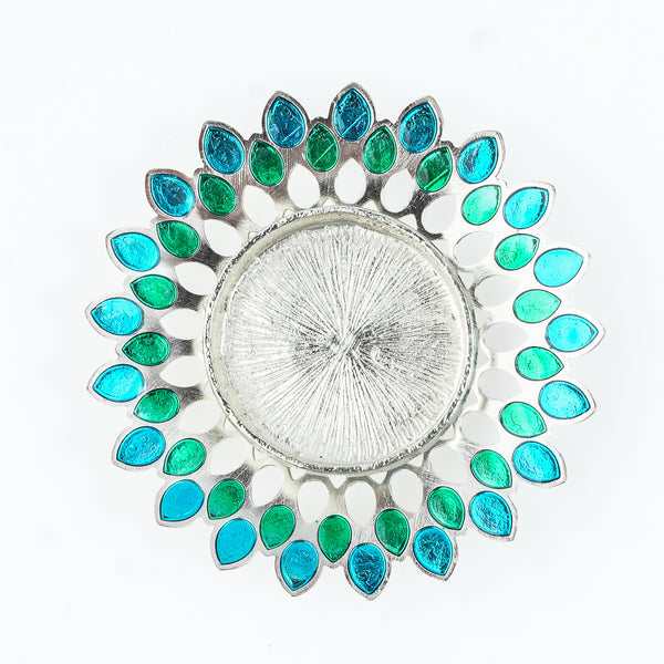Silver Plated Candle Diya with Blue & Green Enamel