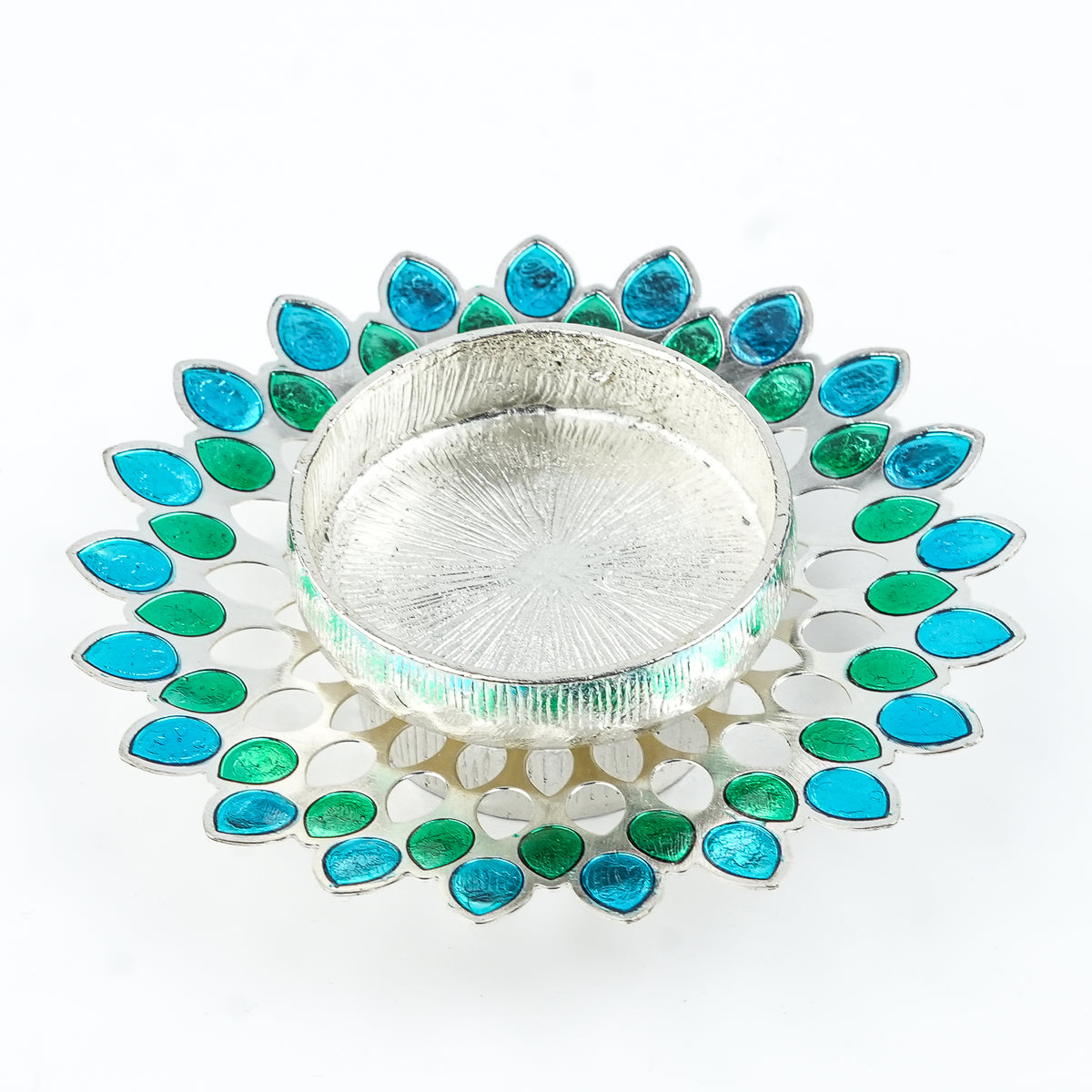 Silver Plated Candle Diya with Blue & Green Enamel
