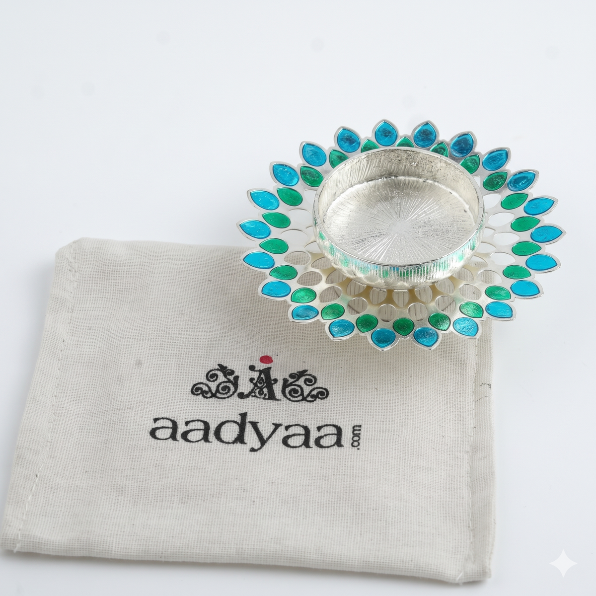 Silver Plated Candle Diya with Blue & Green Enamel