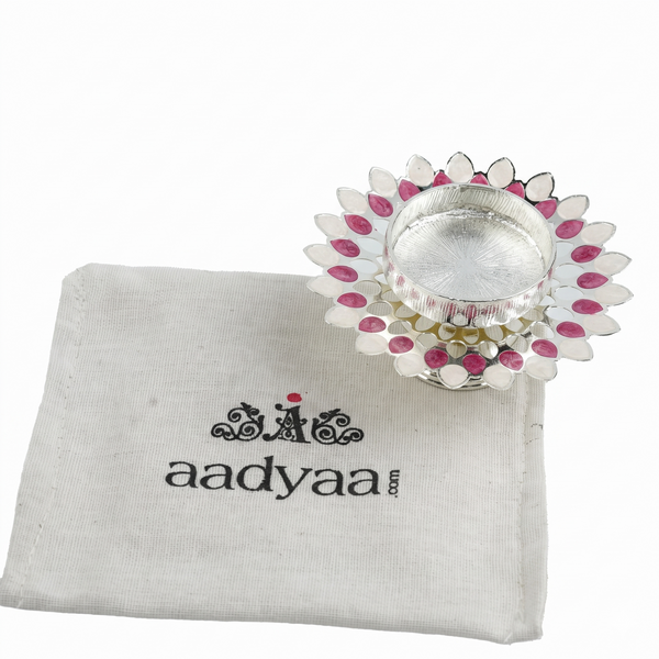 Silver Plated Candle Diya with Pink & Beige Enamel