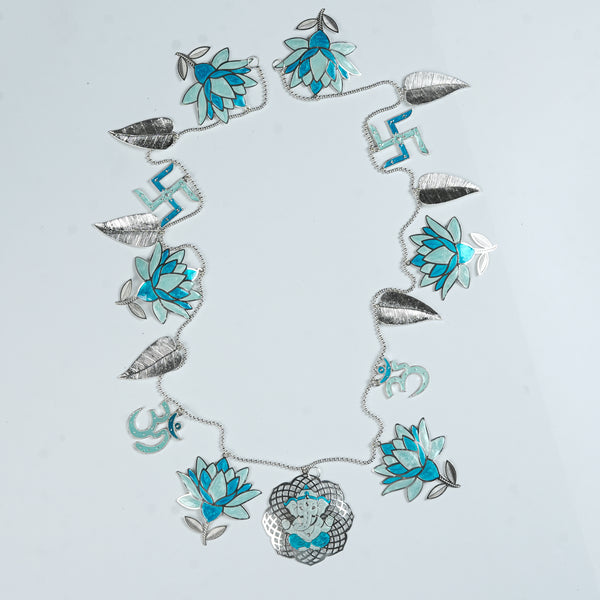 Silver Plated Leaf & Lotus Toran with Blue Enamel