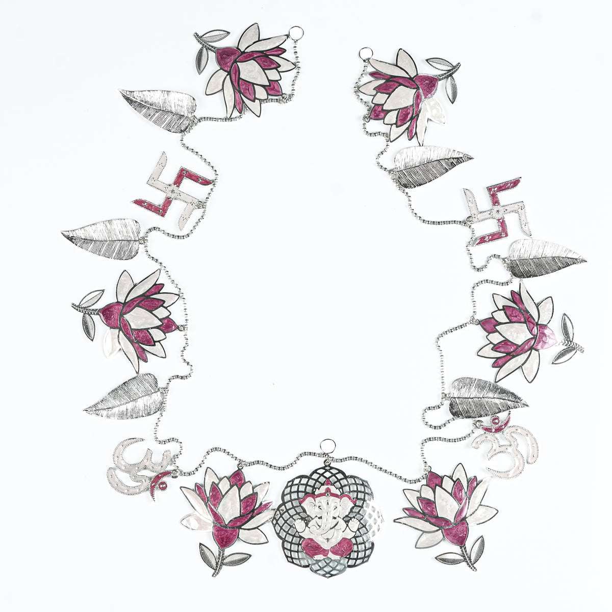 Silver Plated Leaf & Lotus Toran with Pink Enamel