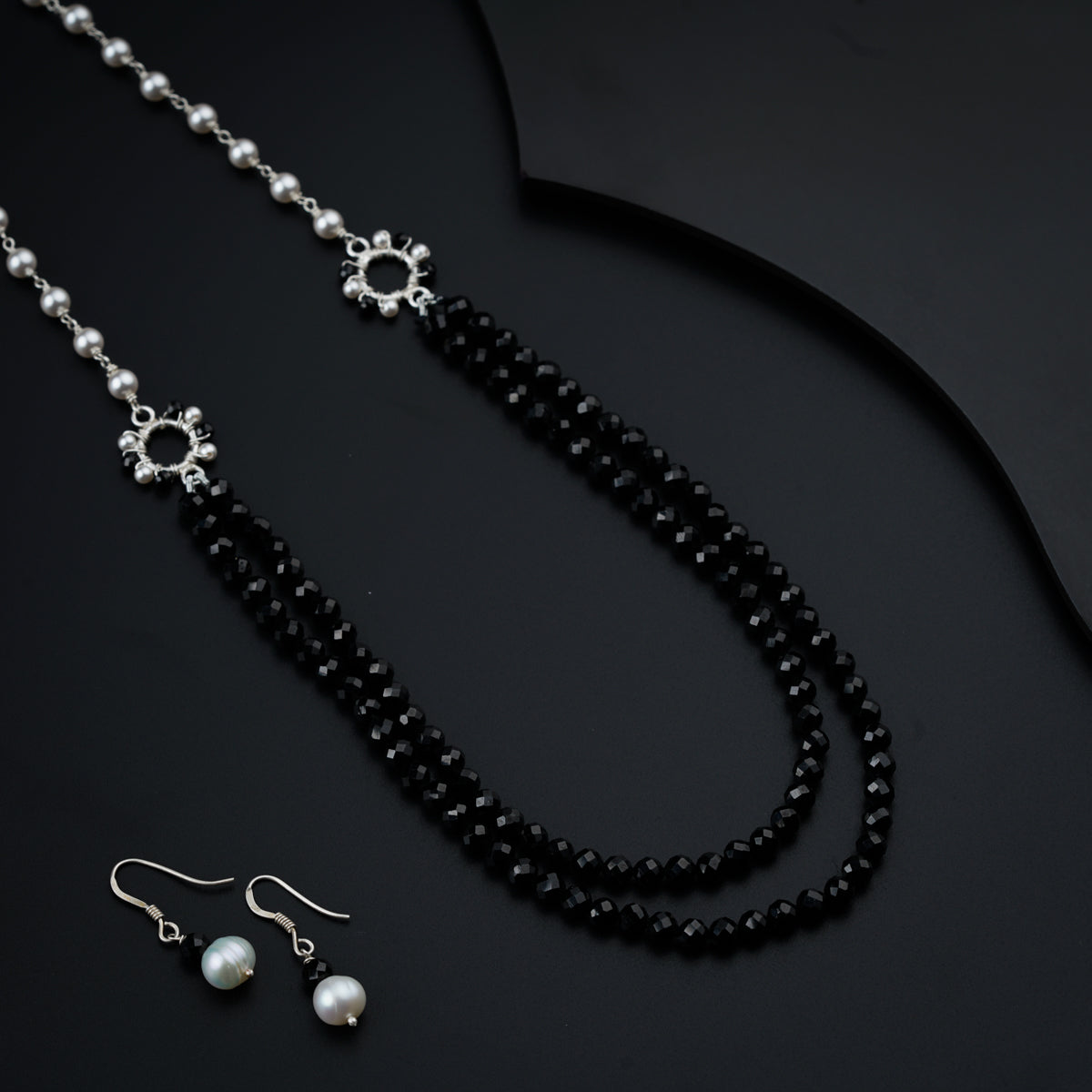 Silver two layer set with Black Spinel and Pearls