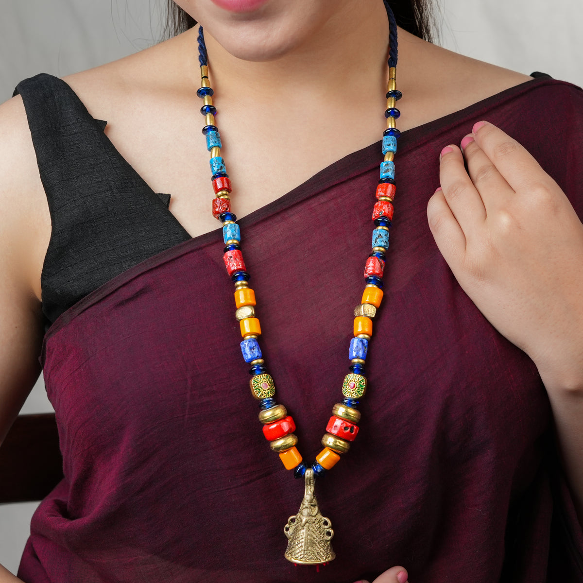 Glass Beaded Necklace with Brass Pendant from Arunachal & Afghan Inlay Beads