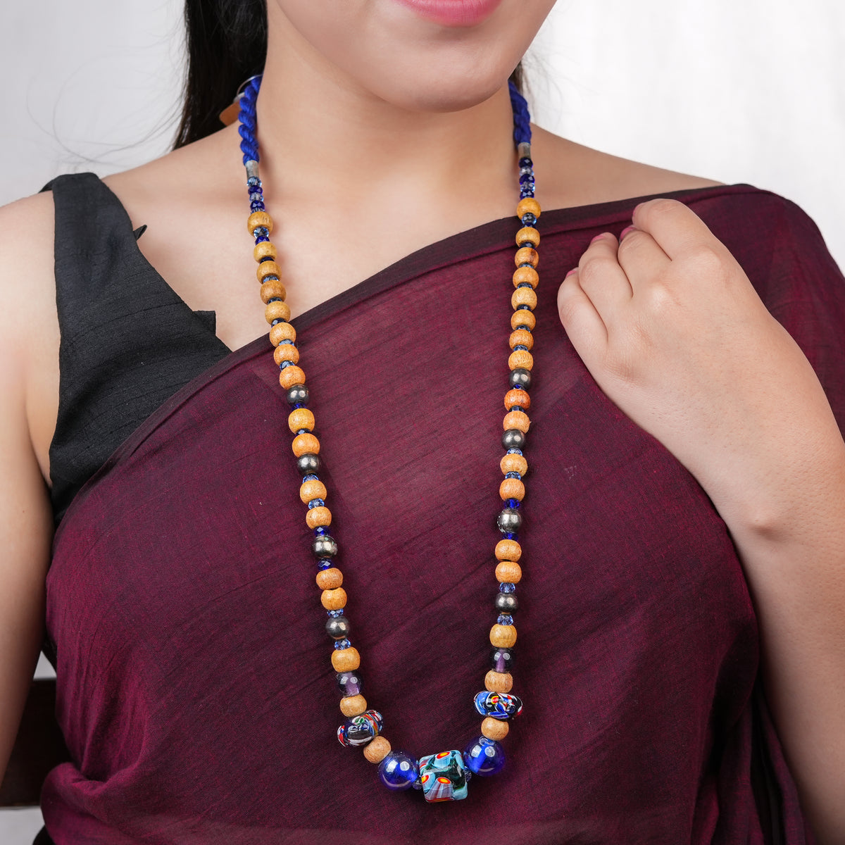 Blue Thread Necklace with Wooden & Hand-Painted Beads