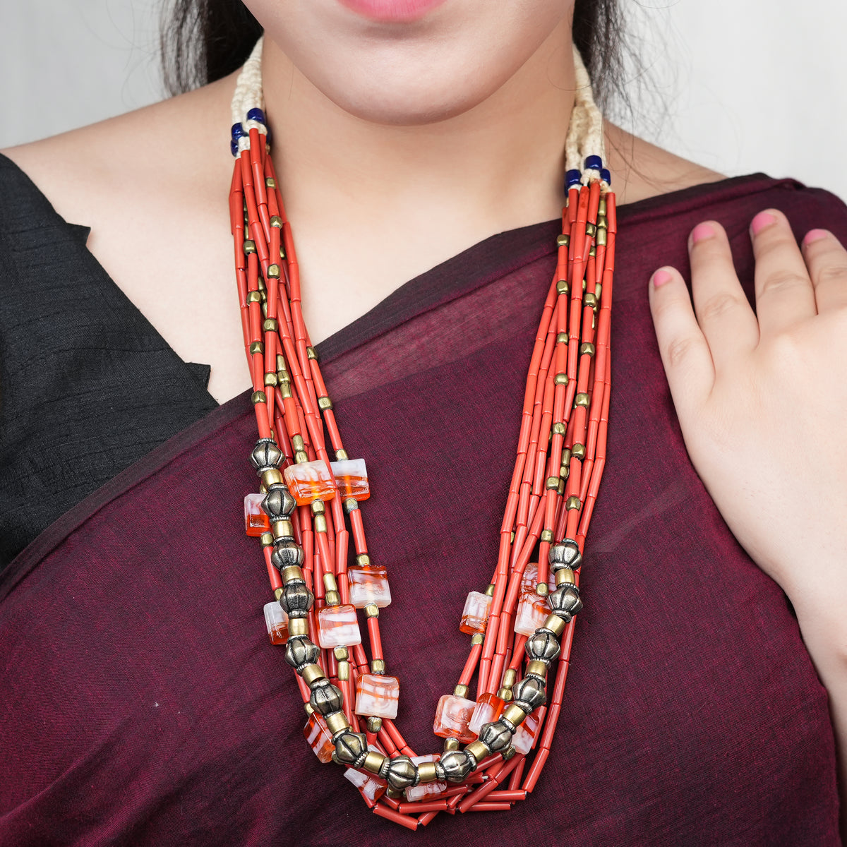 Multicolour Necklace with Silver-Plated Copper, Brass & Glass Beads