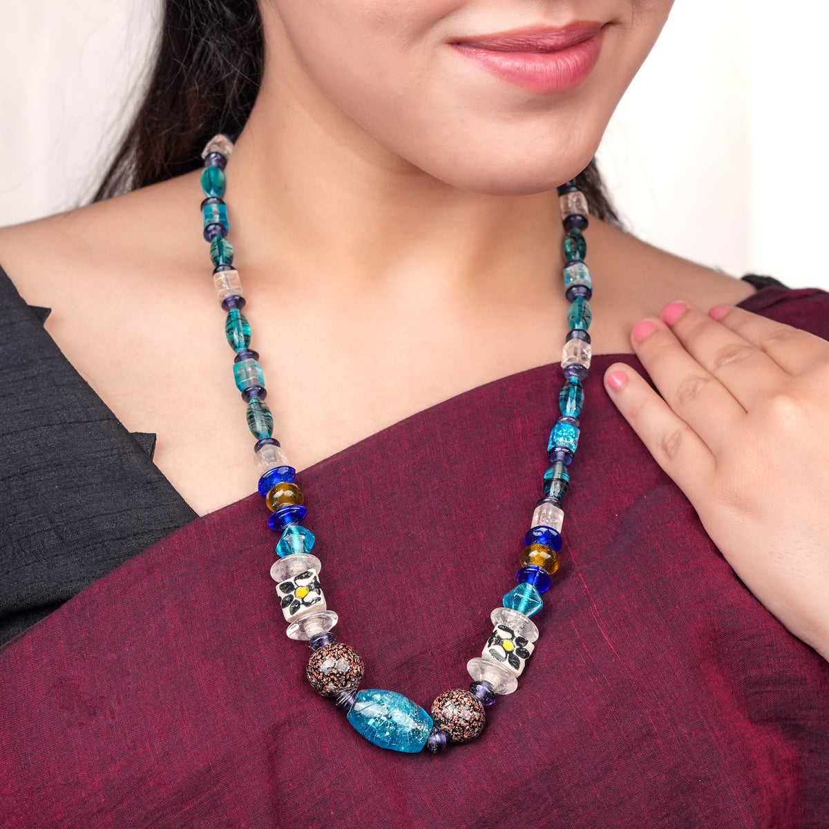 Sea Blue & Hand-Painted Multicolour Beaded Necklace