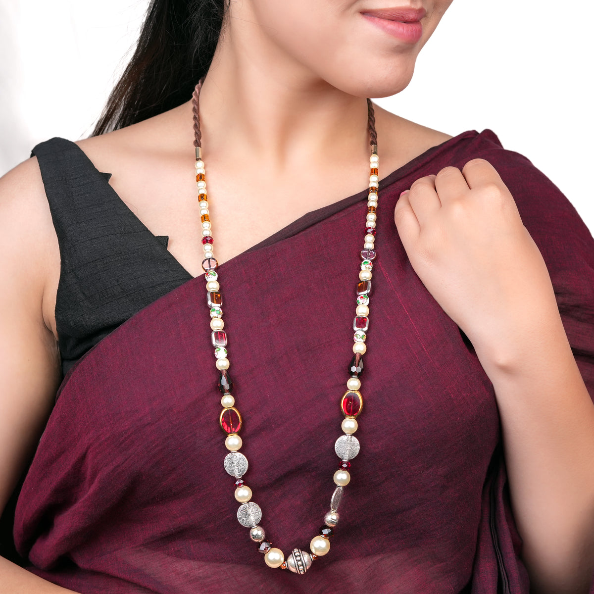 German Silver Melon Bead Necklace with Pearl & Glass Beads