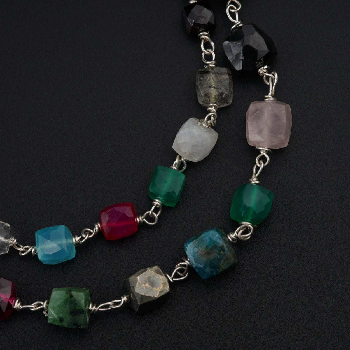 Silver Two Layered Necklace With Multicolored stones and Mohnamaal