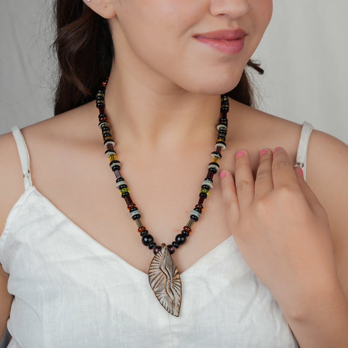 Clay Art Pendant Necklace with Multicolour Beads