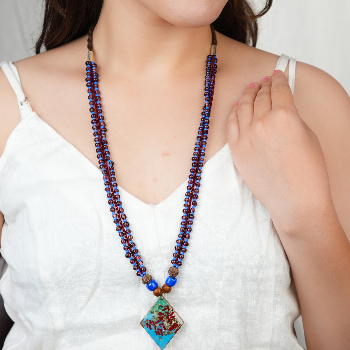 Resin Art Pendant Necklace with Blue & Maroon Glass Beads