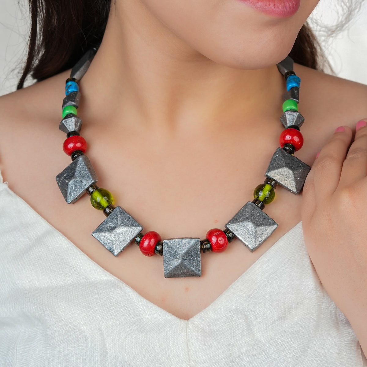 Processed Aluminium & Glass Bead Necklace