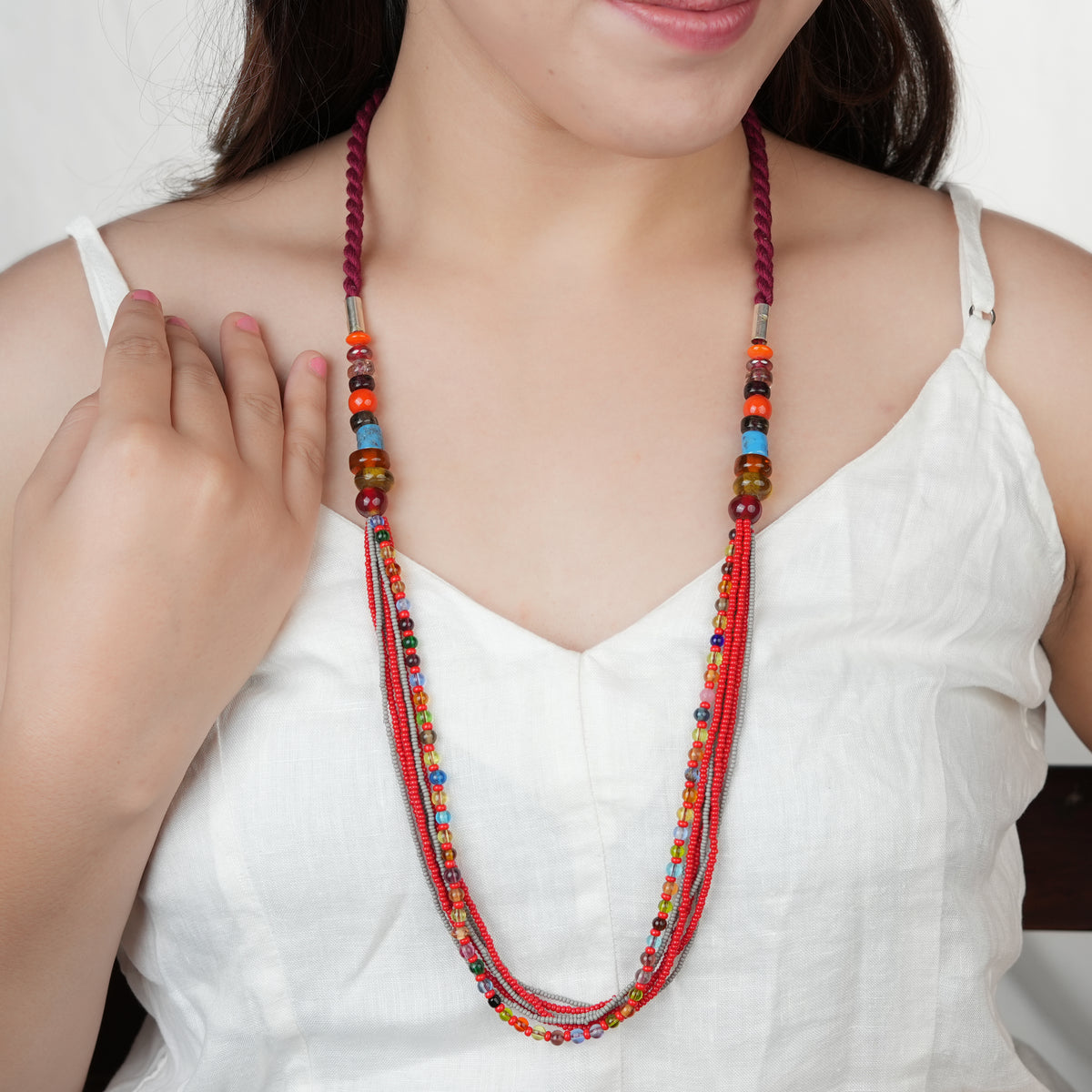 Multilayer Necklace with Red & Grey Beads