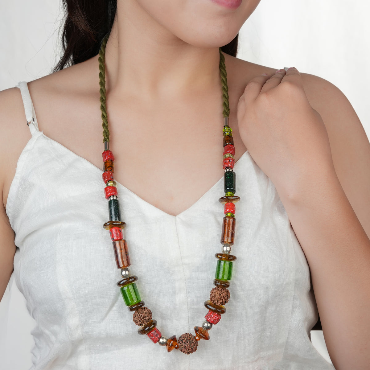 Rudraksha Necklace with Coral & Glass Beads