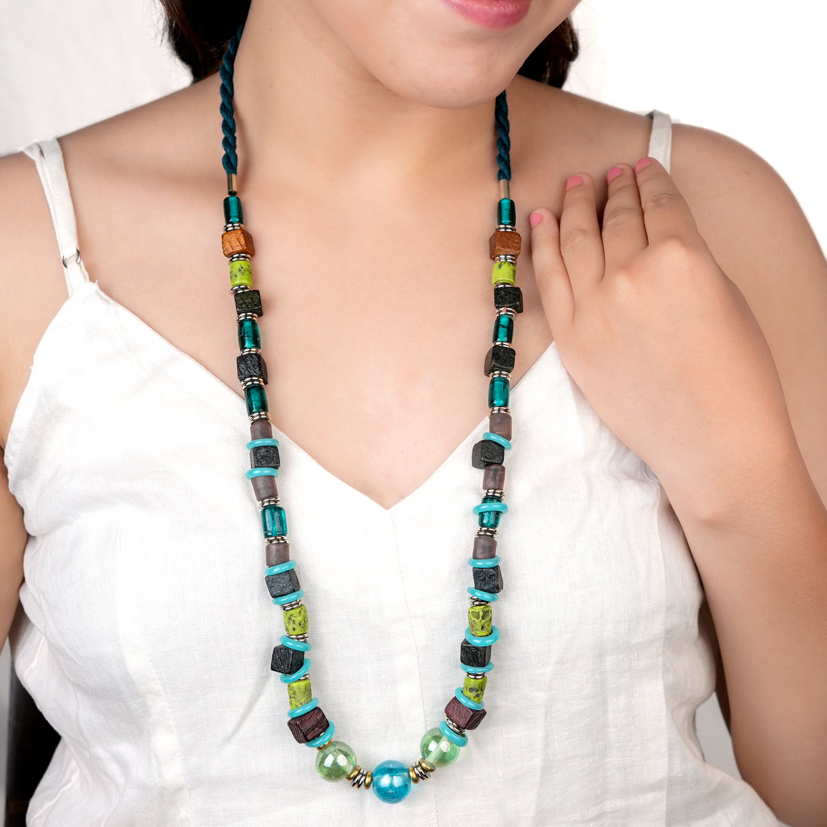 Light Blue & Green Glass Beaded Necklace with Wooden Beads