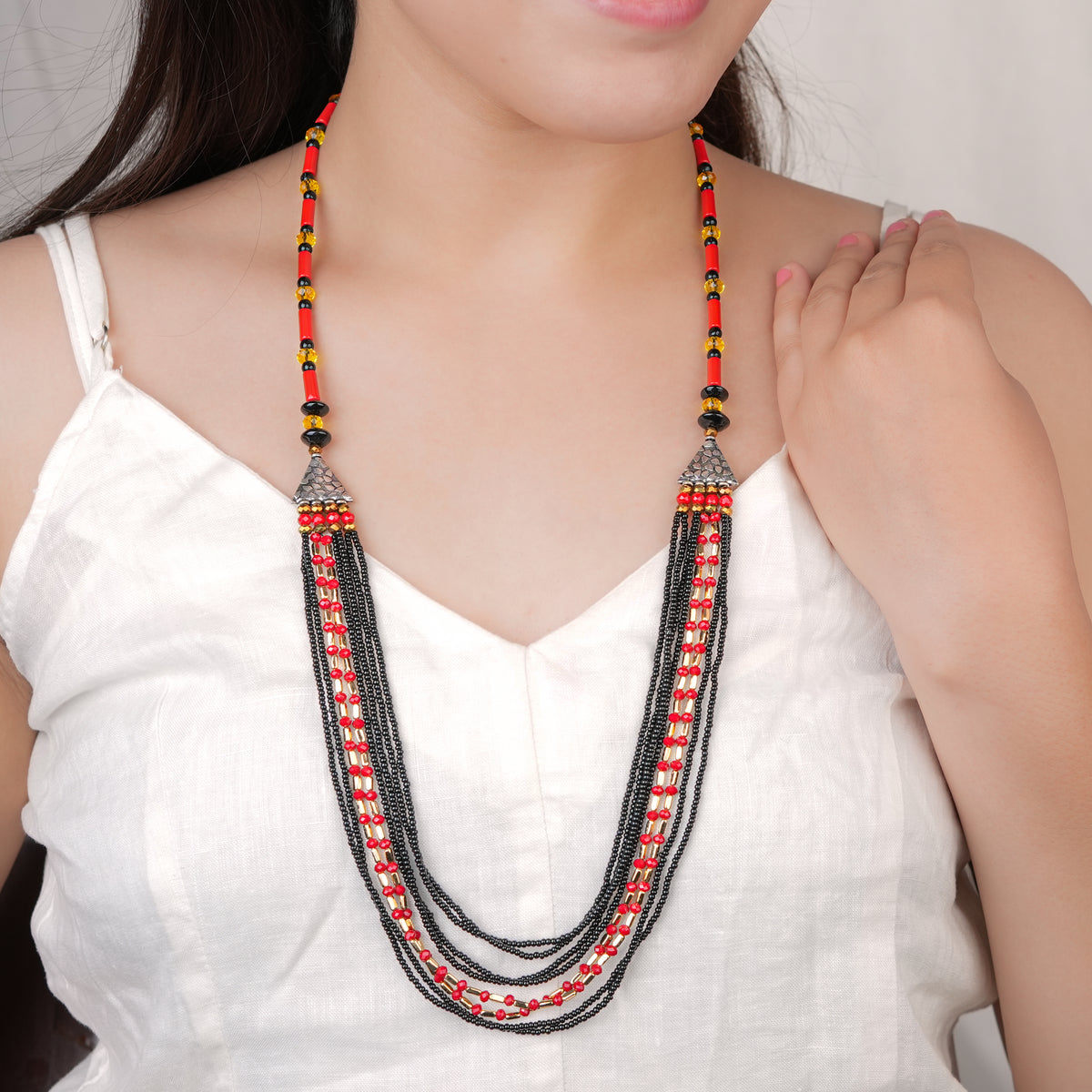 Coral & Black Beaded Multilayer Necklace