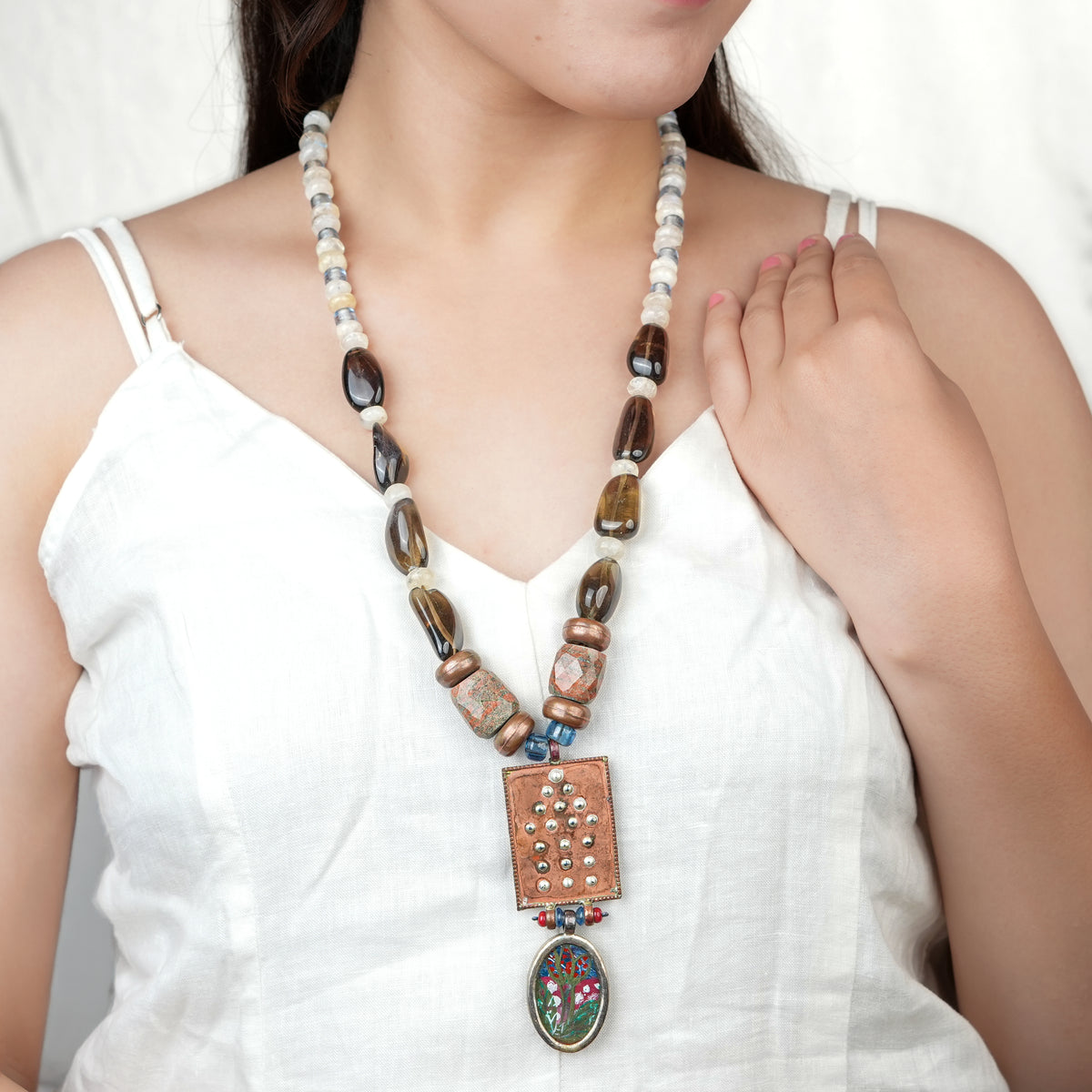 Hand-Painted 95T Silver Pendant Necklace with Copper, Moonstone, Smoky Topaz, Unakite & Glass Beads