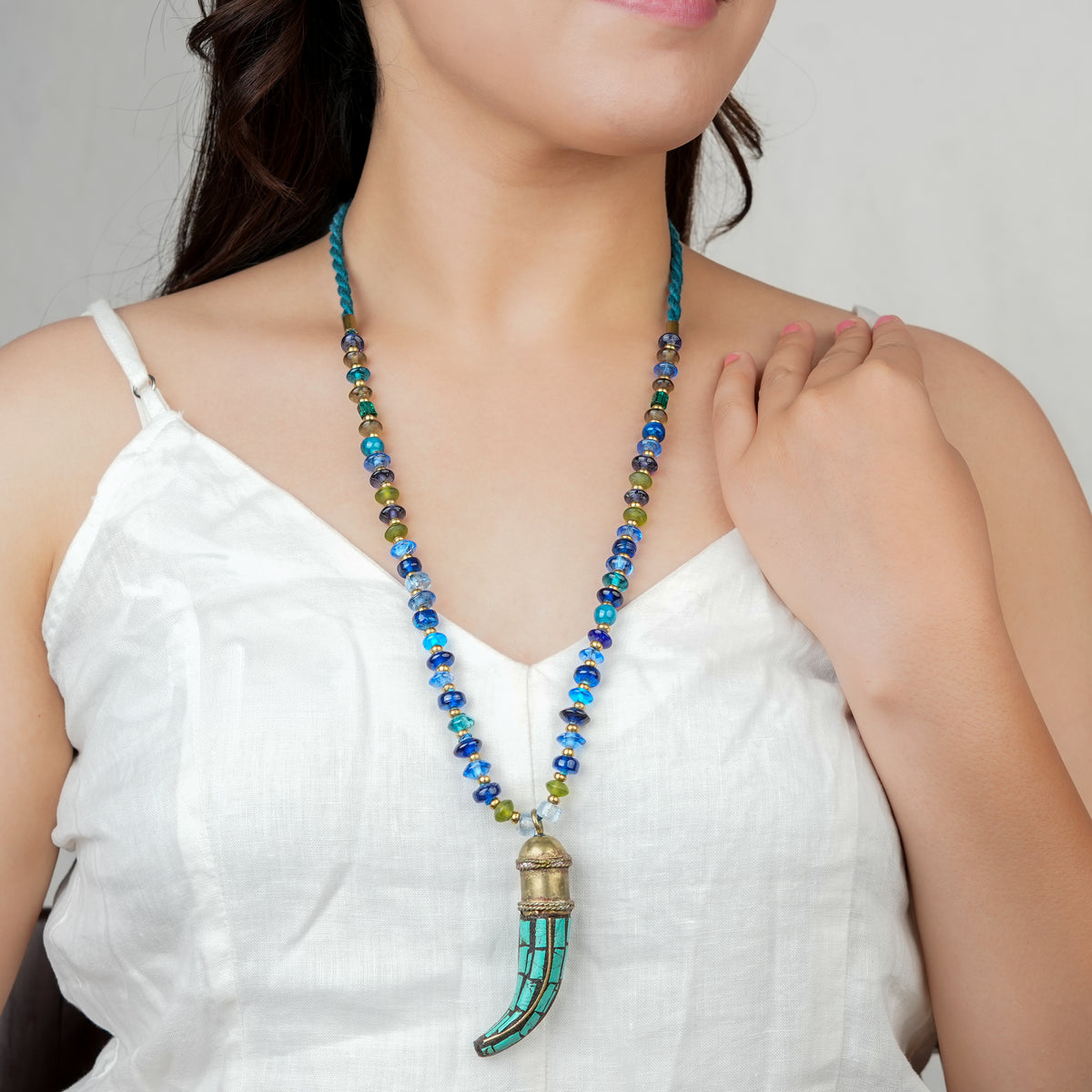 Antique Haatidant Brass Necklace with Glass Beads
