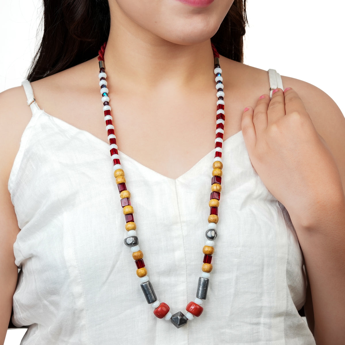 Glass Bead Necklace with Wooden, Red & White Beads