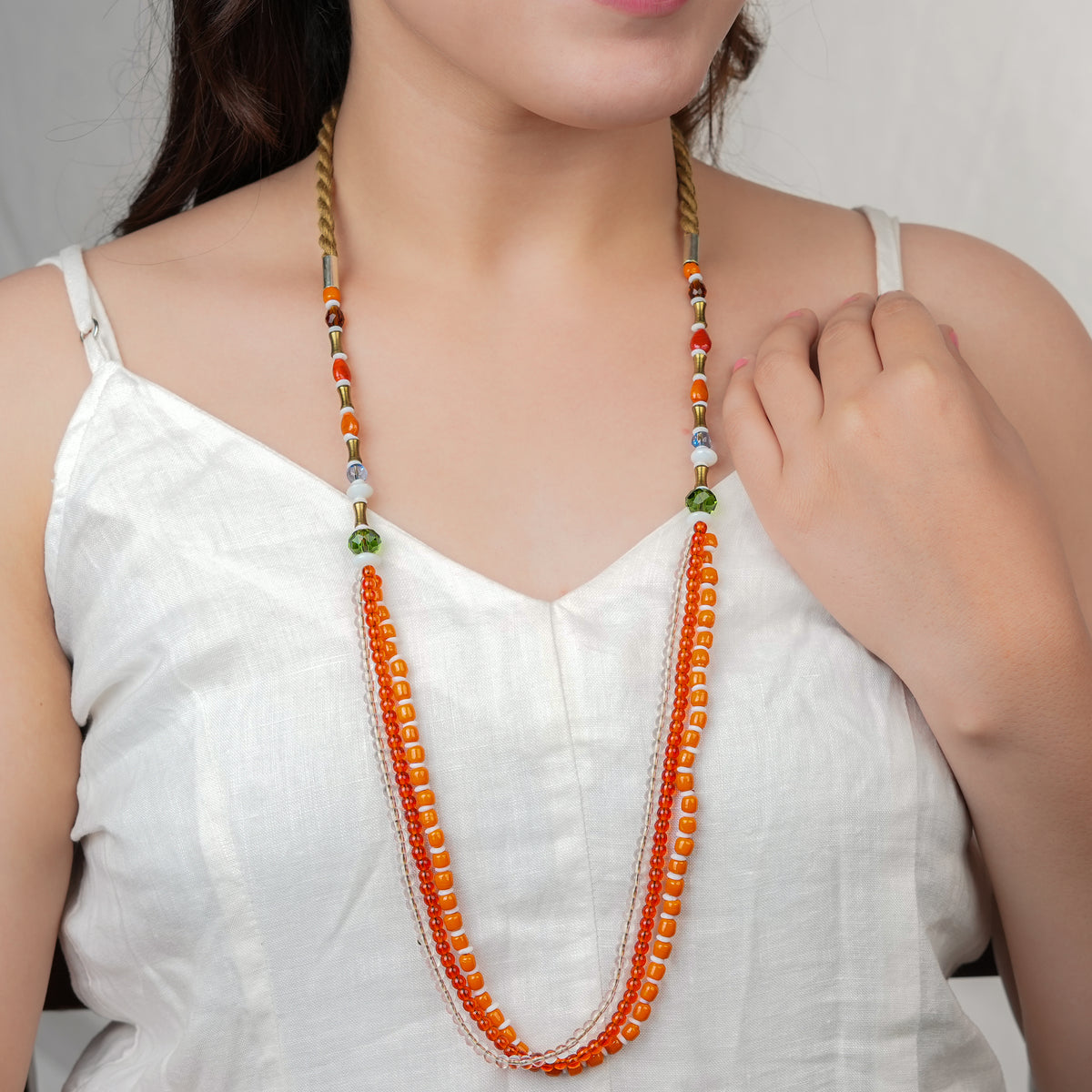 Orange, White & Brass Bead Necklace