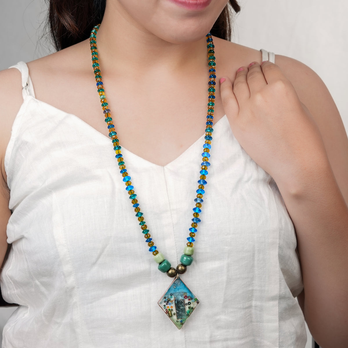 Resin Pendant Necklace with Blue & Yellow Beads