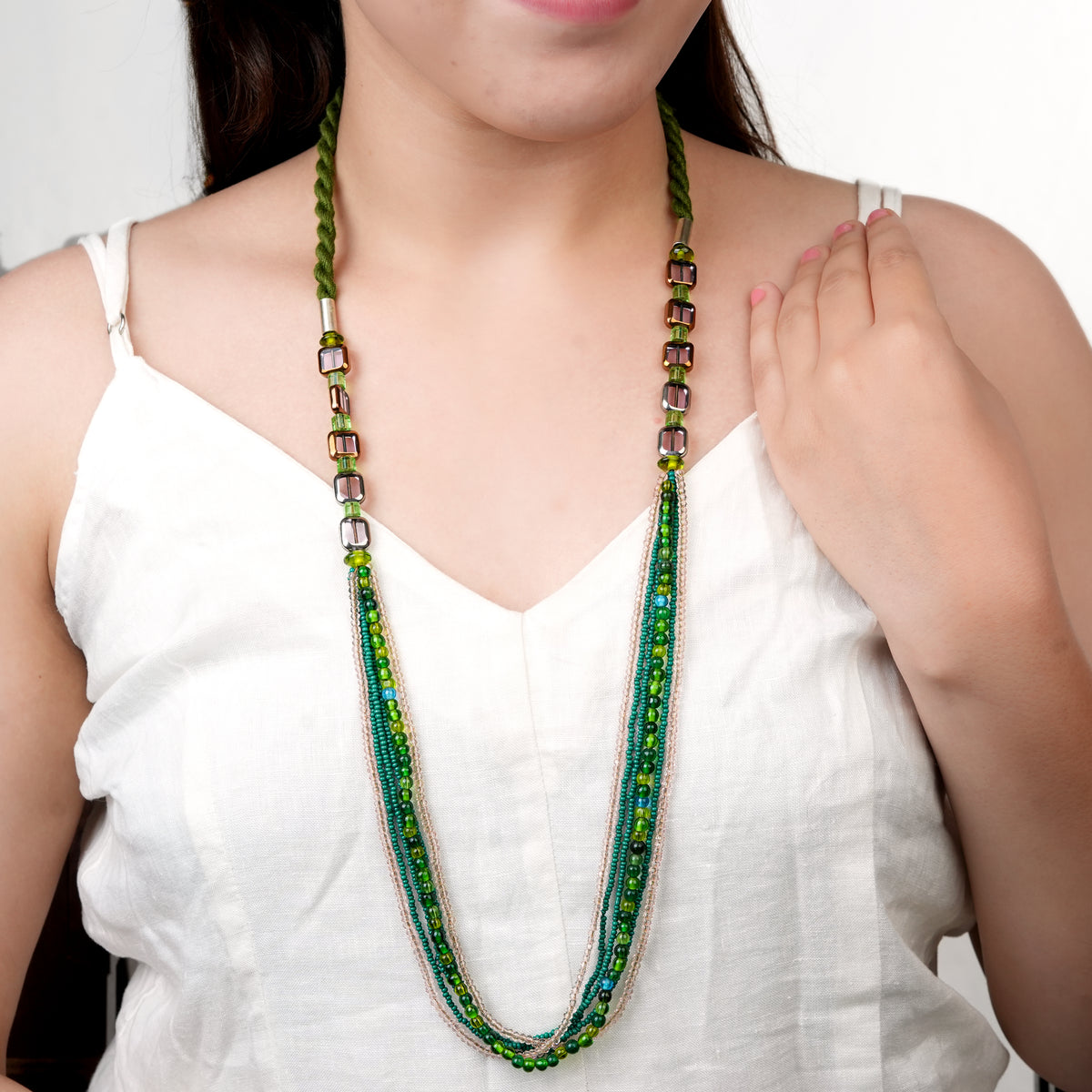 Pink, Green & Glass Beaded Necklace