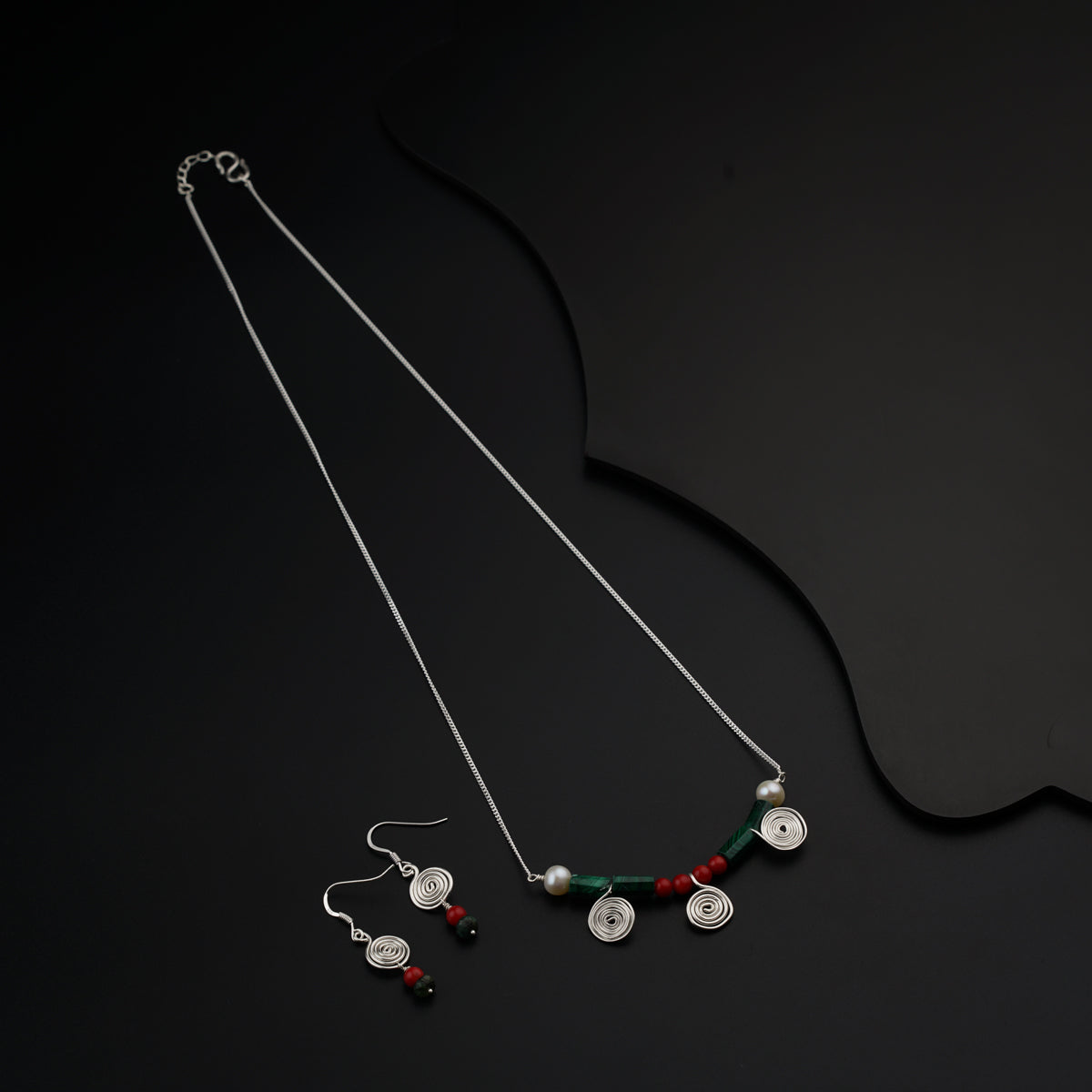 Silver Spiral Set with Malachite, Corals and Pearls