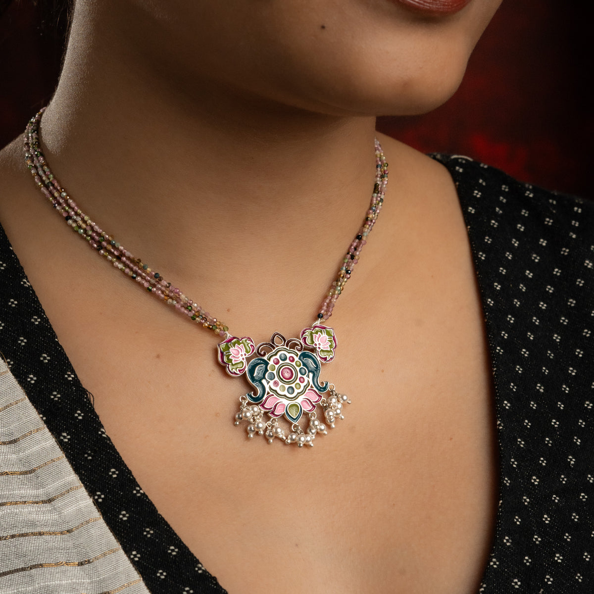 Indian Block Print Lotus Enamel Set