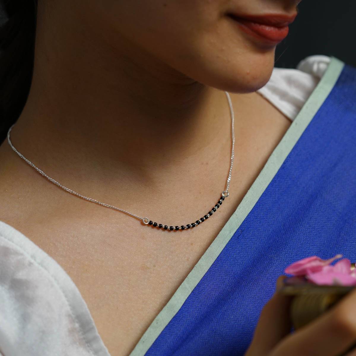 Buy online Long Silver Necklace with Big Chandrakor Pendant Filled
