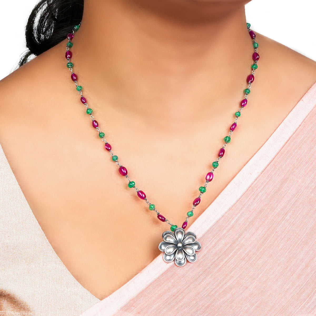 Silver Oxidised Flower Necklace with Ruby & Green Onyx