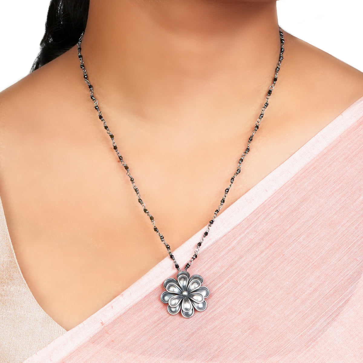 Silver Oxidised Flower Necklace with Black Spinel