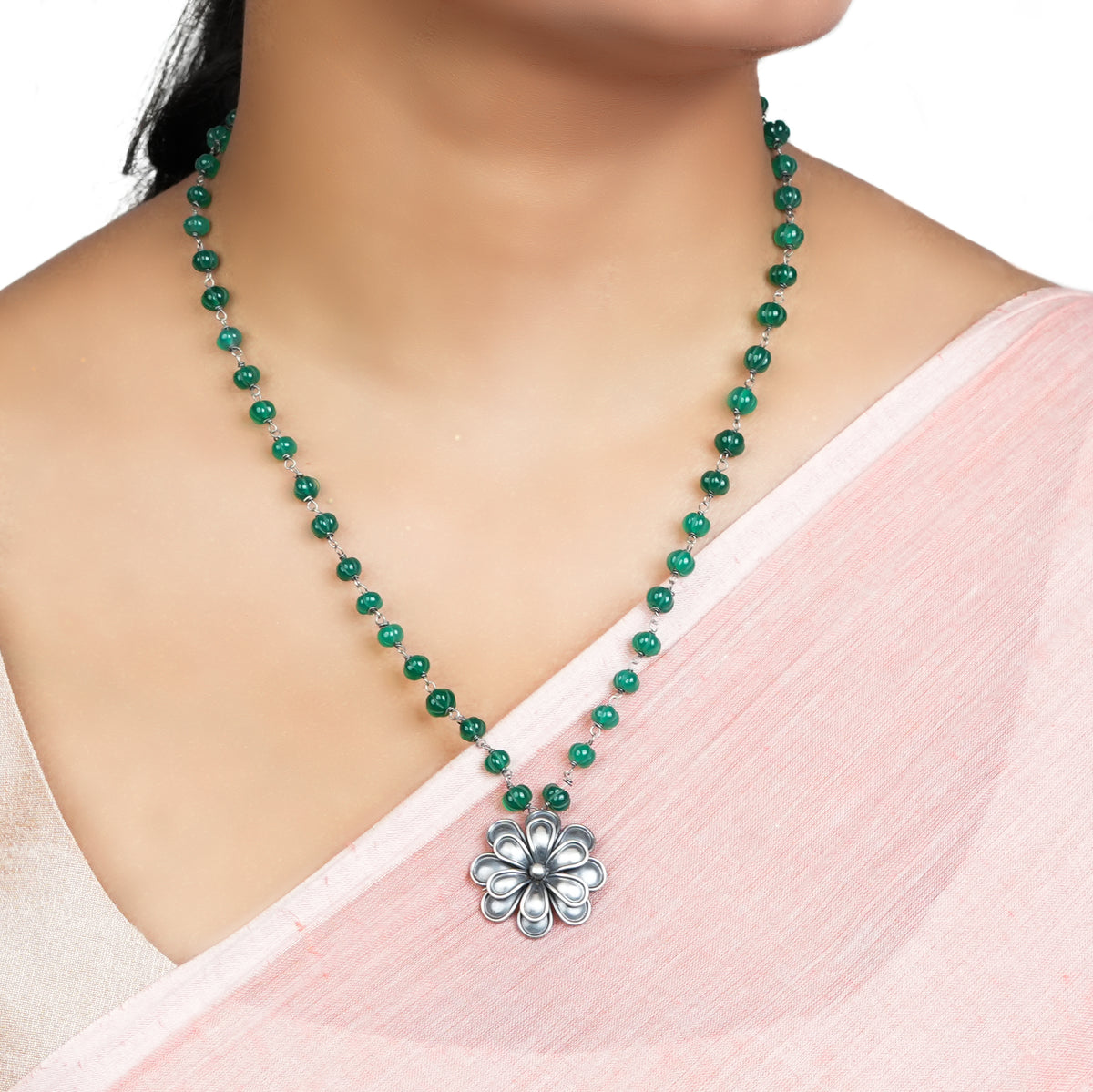 Silver Oxidised Flower Necklace with Green Onyx
