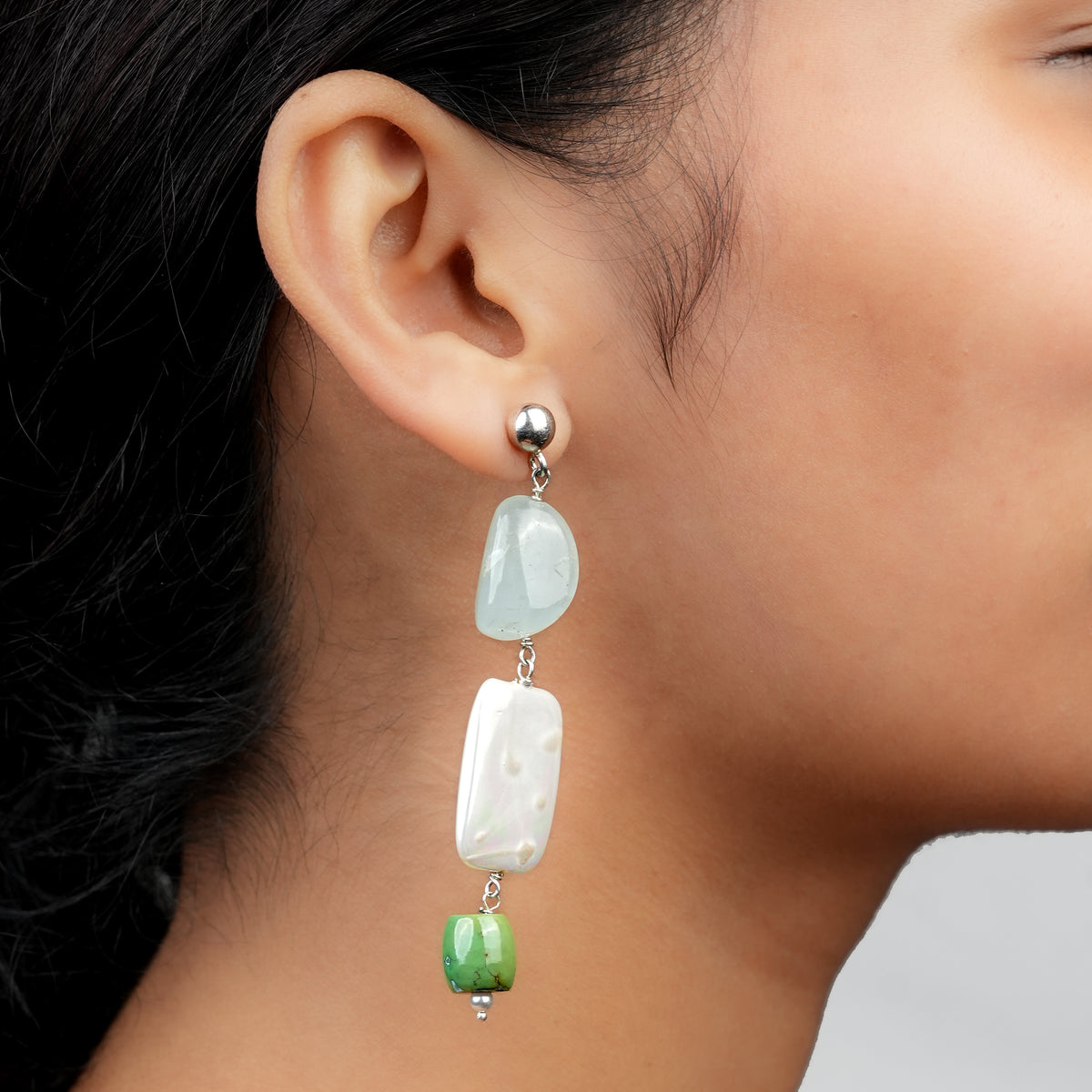 Aquamarine, Rectangular Pearl & Tibetan Turquoise Earrings (Project Handmade)