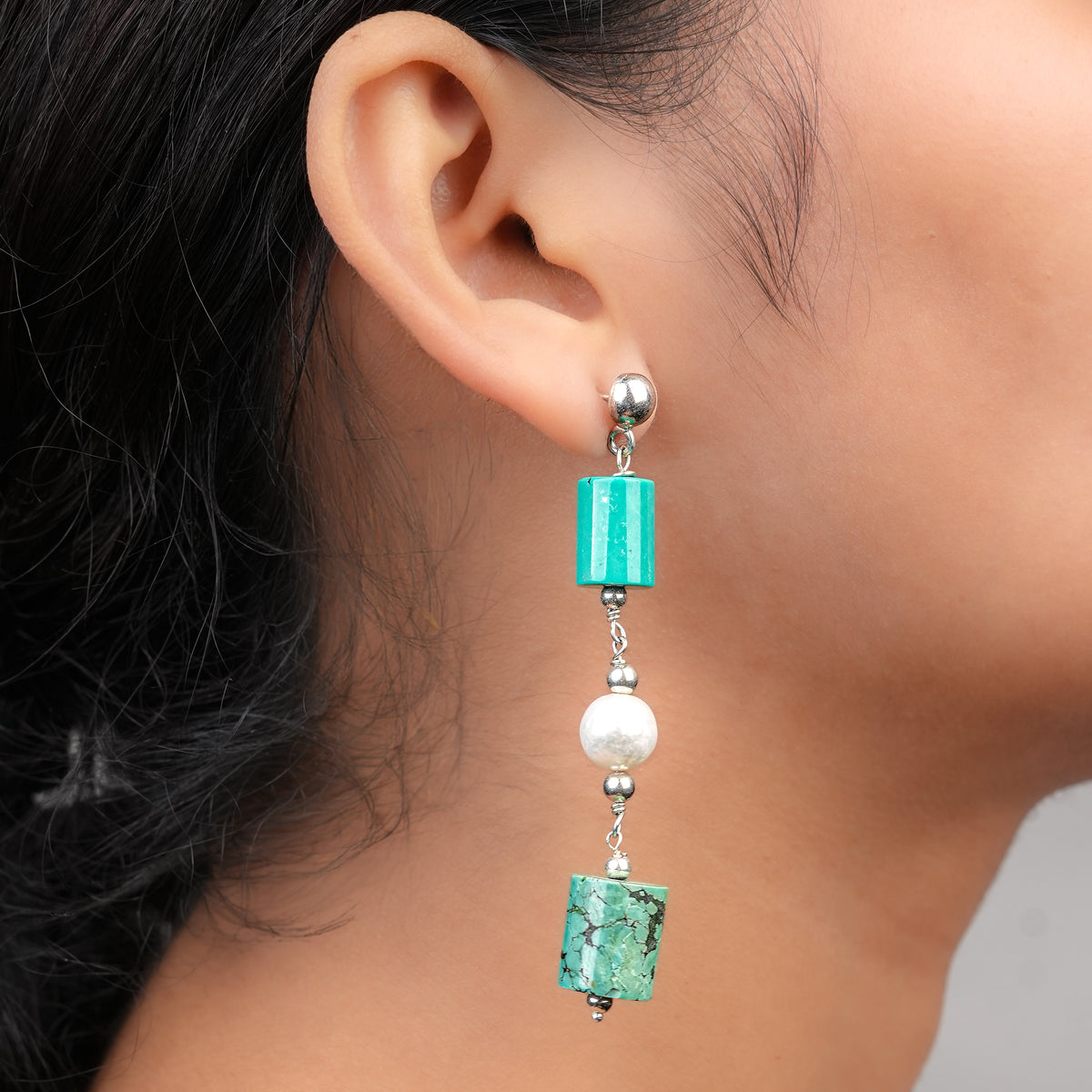 Tibetan Turquoise & Pearl Earrings (Project Handmade)