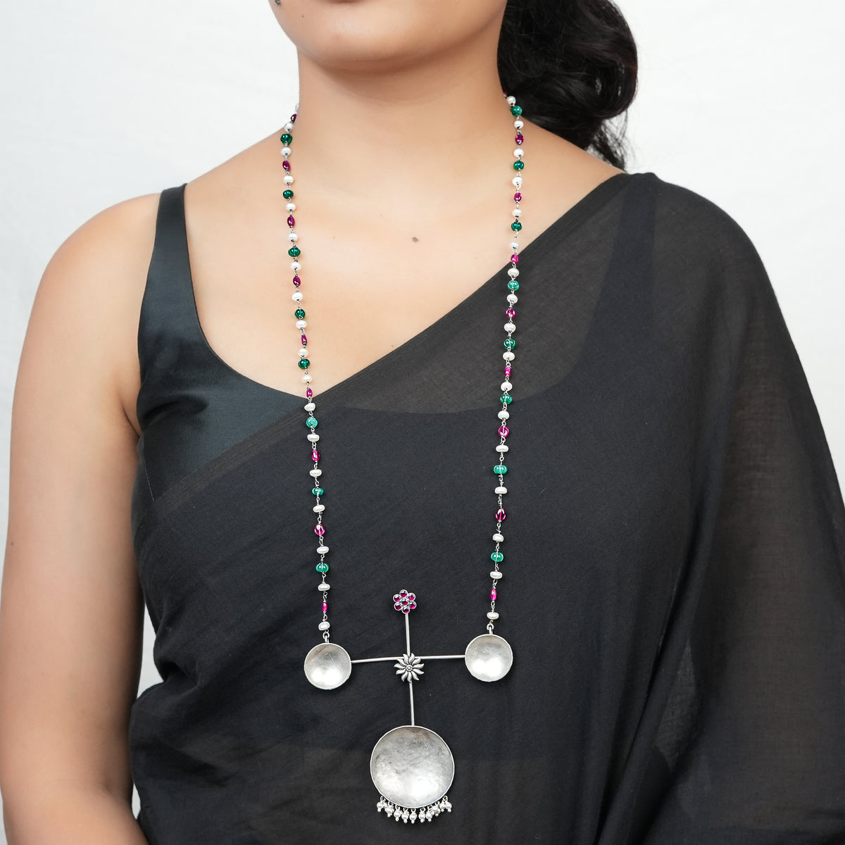 Silver Oxidised Concave Sun & Pink Kudi Necklace with Multicolour Stones