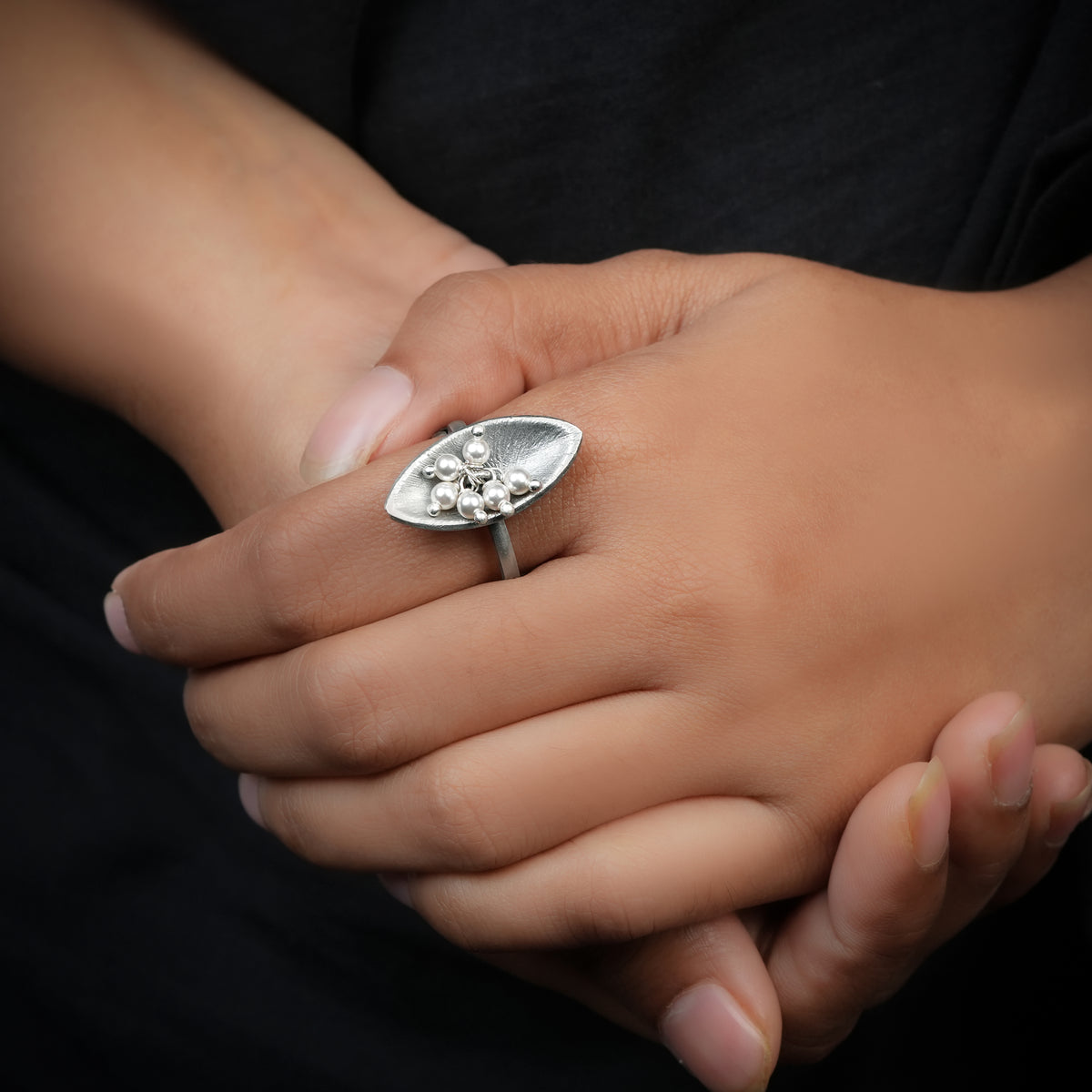 Silver Oxidised Marque Pearl Bunch Ring - view 2