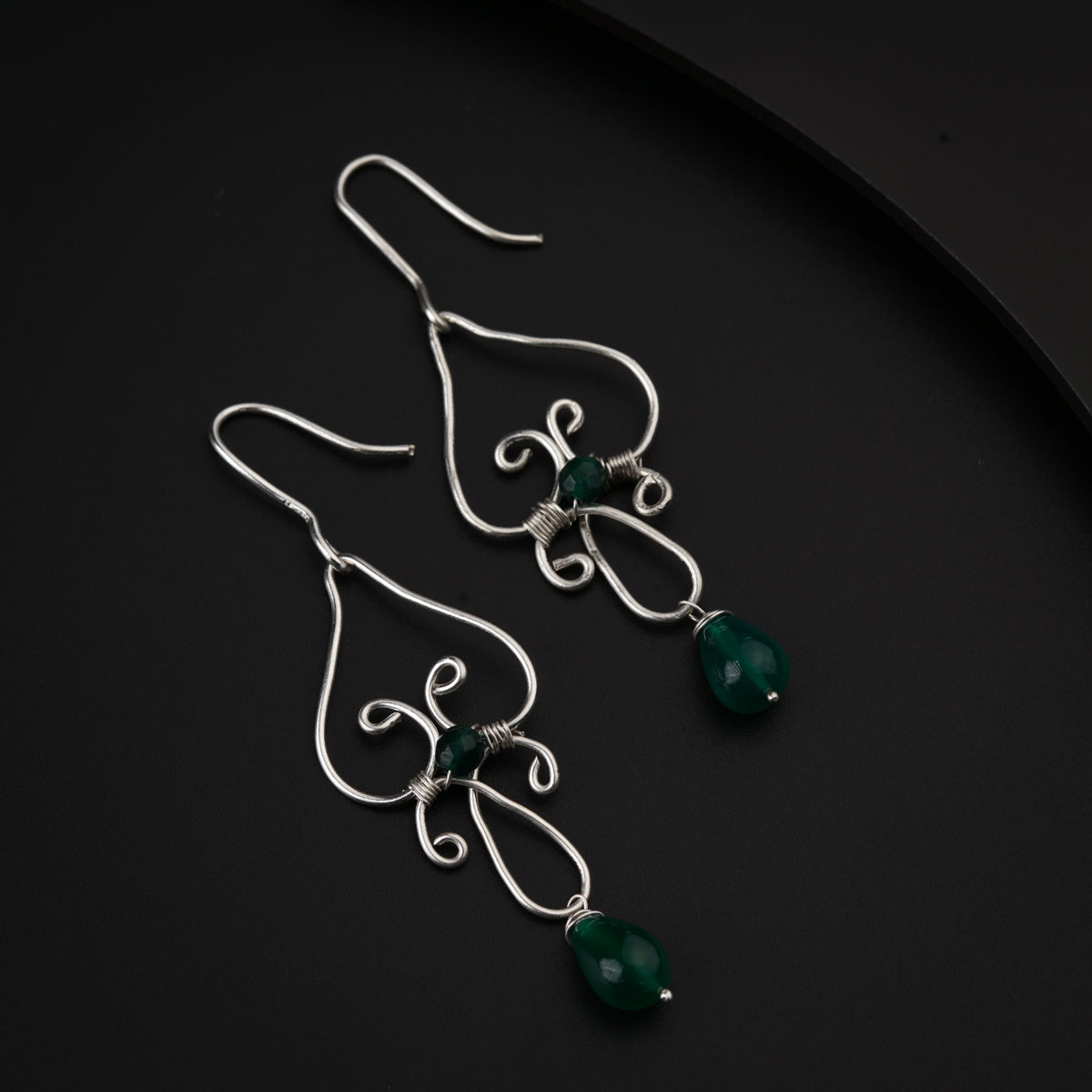 Silver wire Earring with Green Onyx