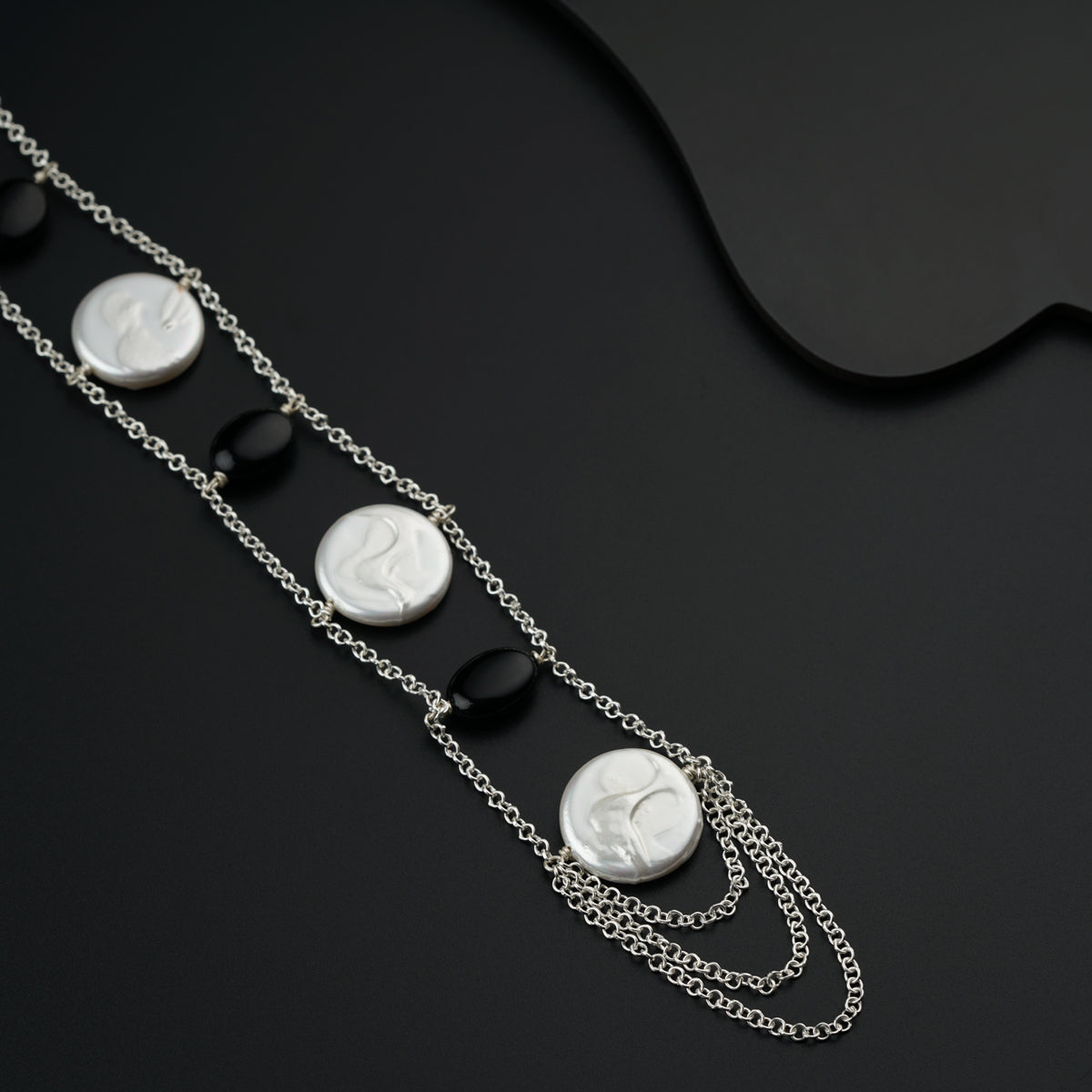 Yin Yang: Silver Bridge Necklace with Coin Pearls and Black Spinel