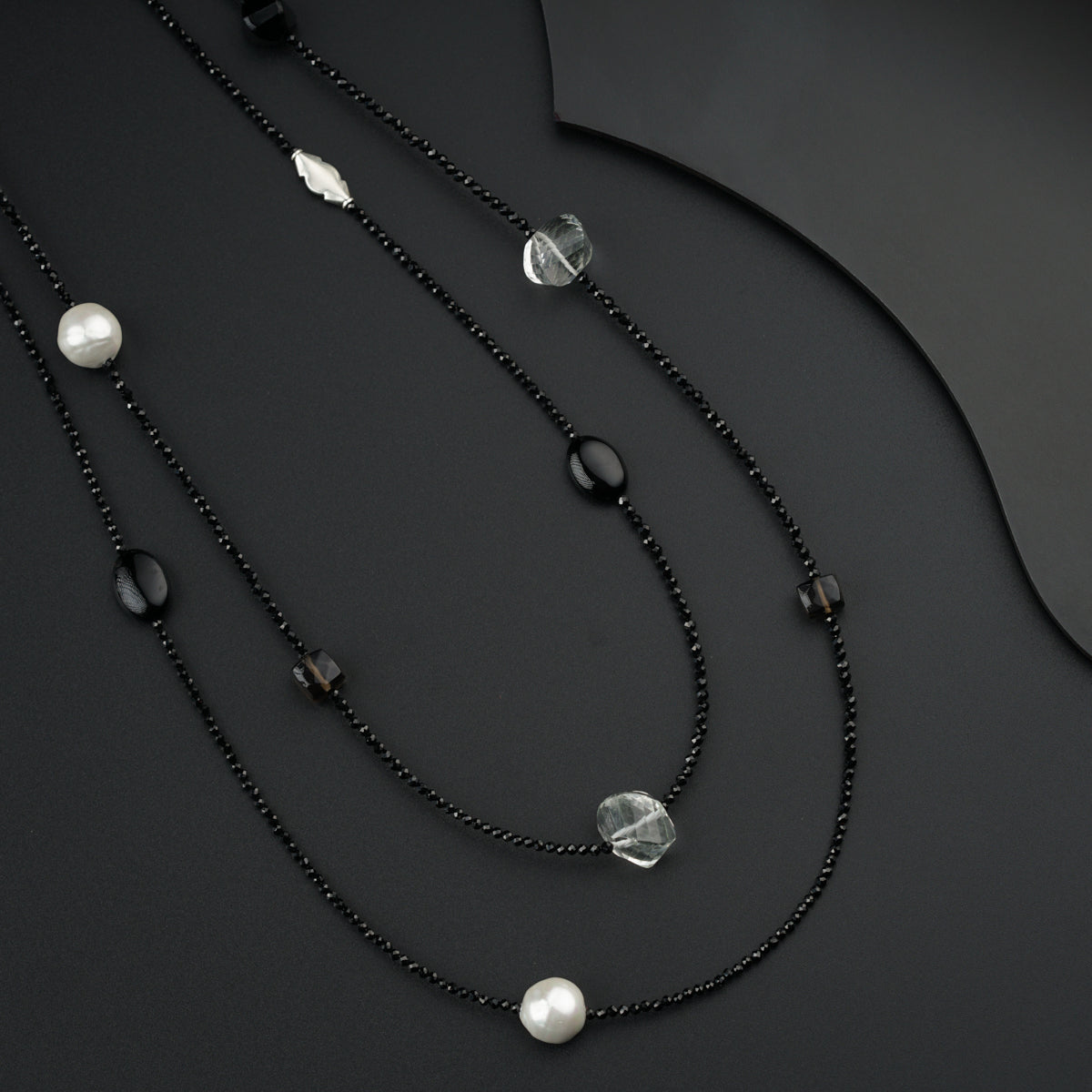 Galaxy Silver Necklace with Pearls, Smokey Quartz, Black Spinels and silver findings