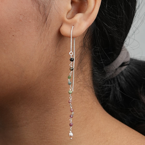 Tourmaline & Rice Pearl Ganthan Sui Dhaga Earrings (Project Handmade)