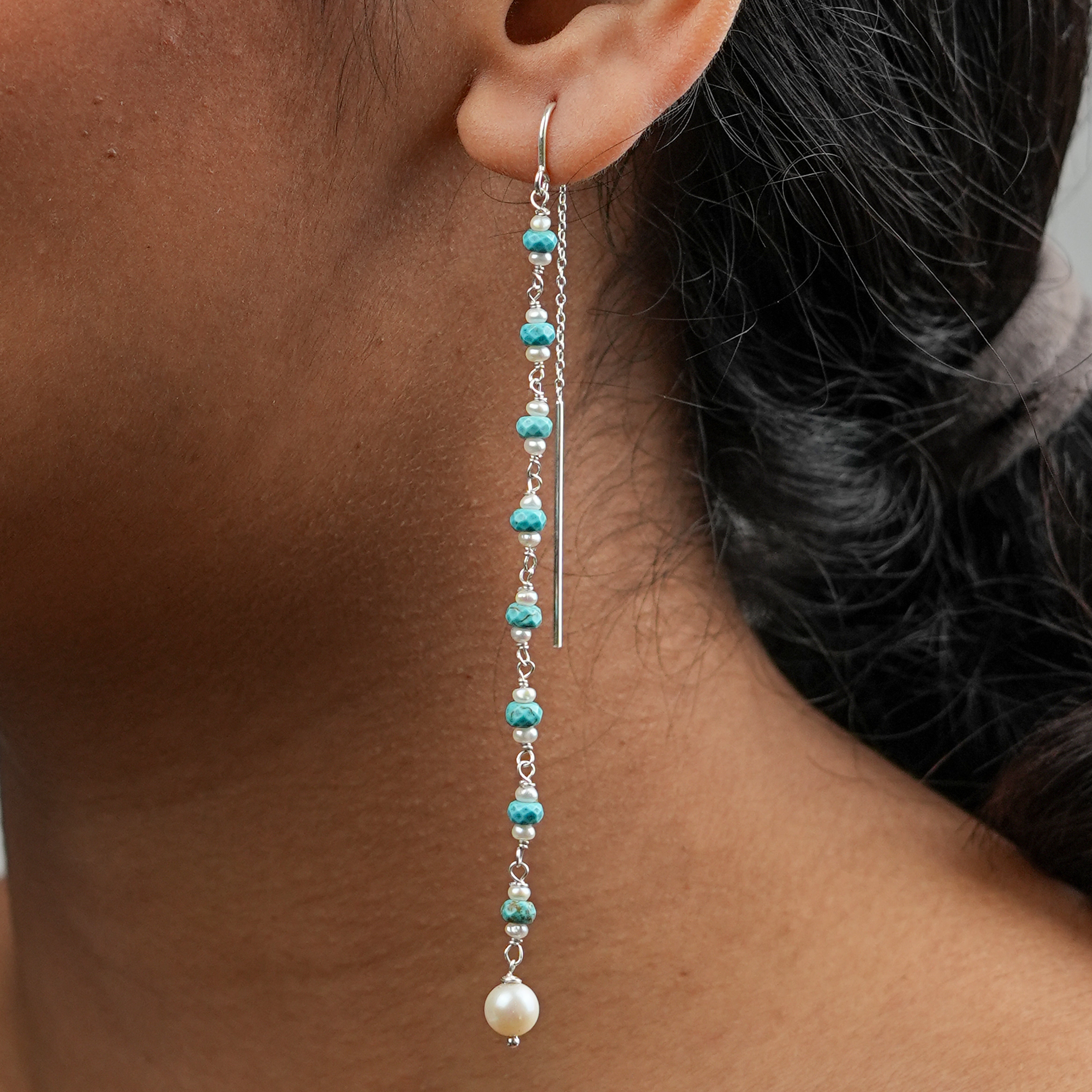 Turquoise & Pearl Ganthan Sui Dhaga Earrings (Project Handmade)