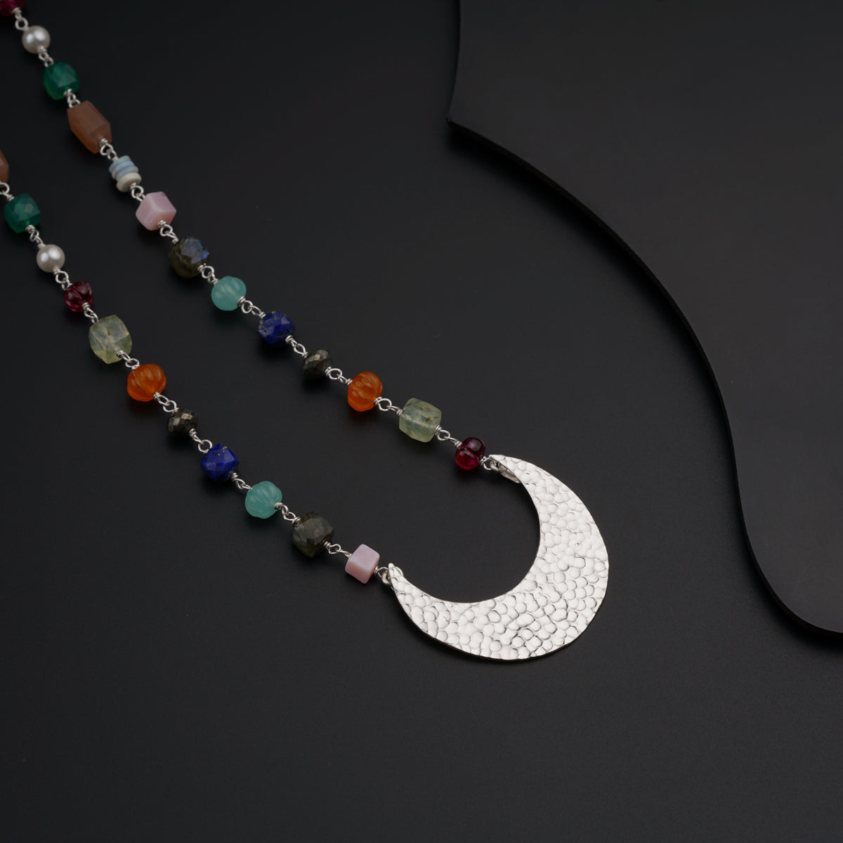 Silver Hammered Chandrakor Necklace with Semi-Precious Stones